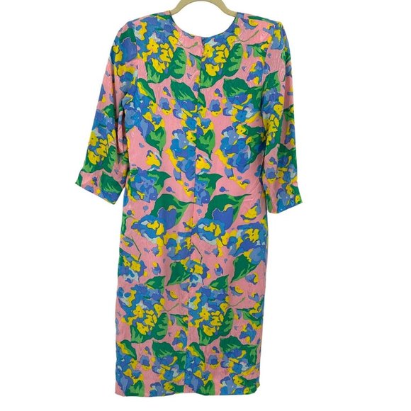 Vintage Mary McFadden Collection Pastel Floral Silk Dress Embossed Shoulder Pads - Picture 2 of 13